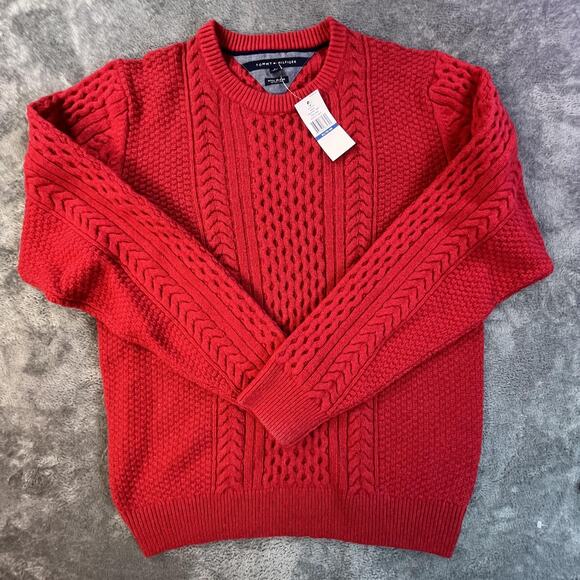 Tommy Hilfiger Sweater Mens XL Blair Red Wool Blend Cable Knit Crewneck Novelty - Picture 1 of 9